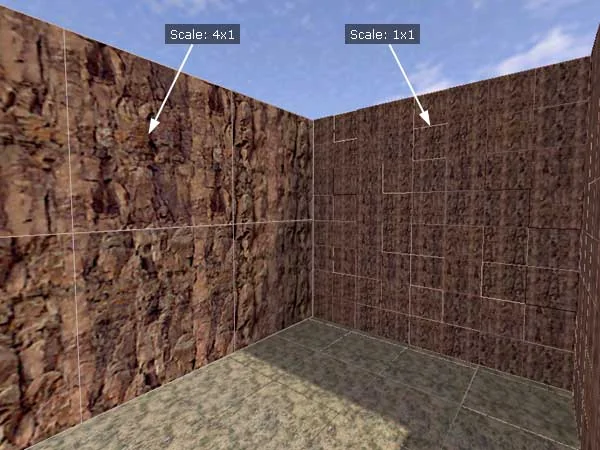 On the wall on the left, the textures are applied at a scale of 4x1 (only 6 polygons), and on the right - 1x1 (16 times more polygons!)