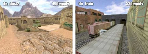 Examples of large open spaces on de_dust2 and de_train