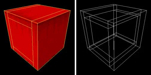 Application of Hollow. The cube broke into 6 separate brushes (3D wireframe view)