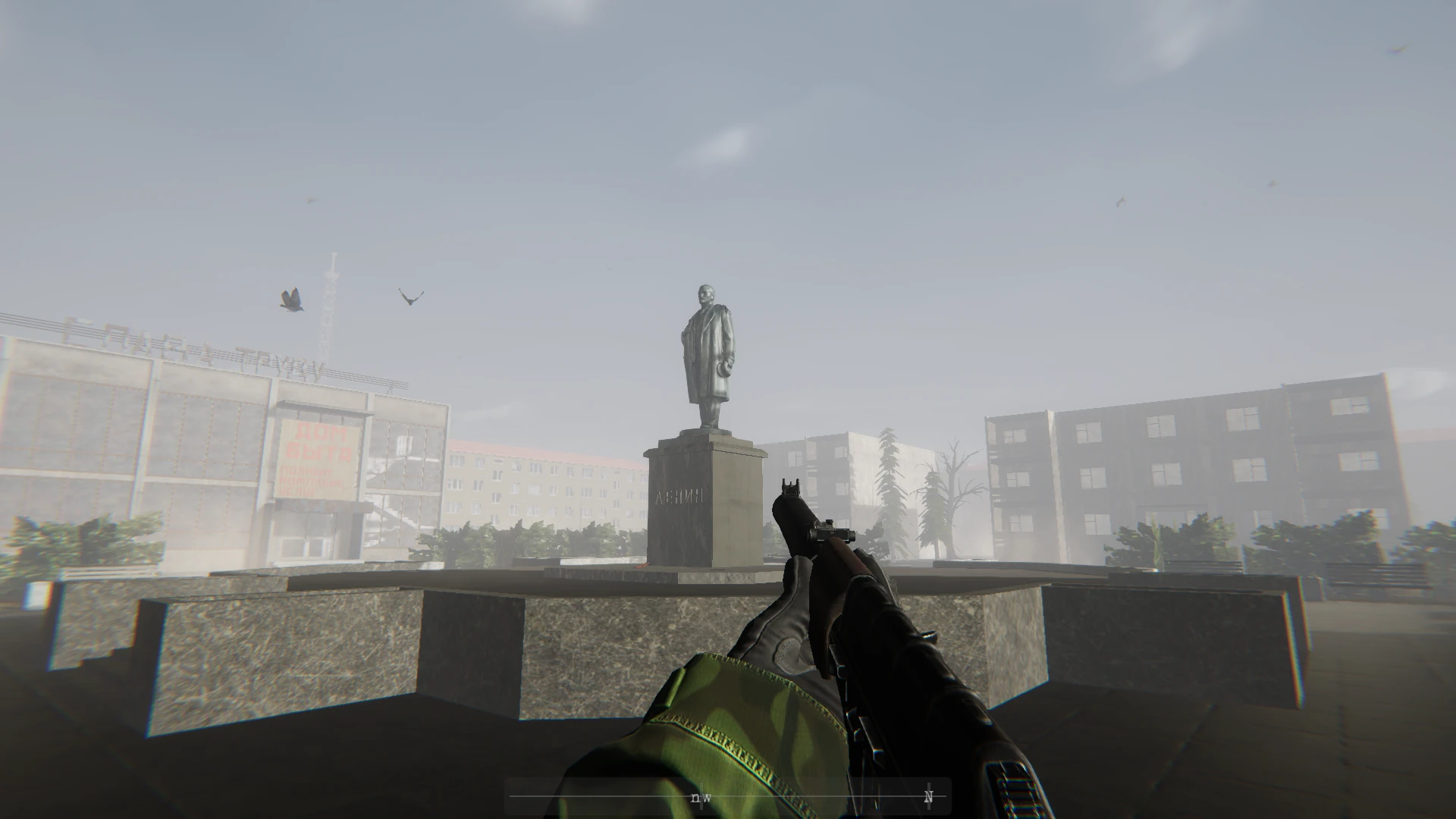 Soviet city square with statue — first-person view