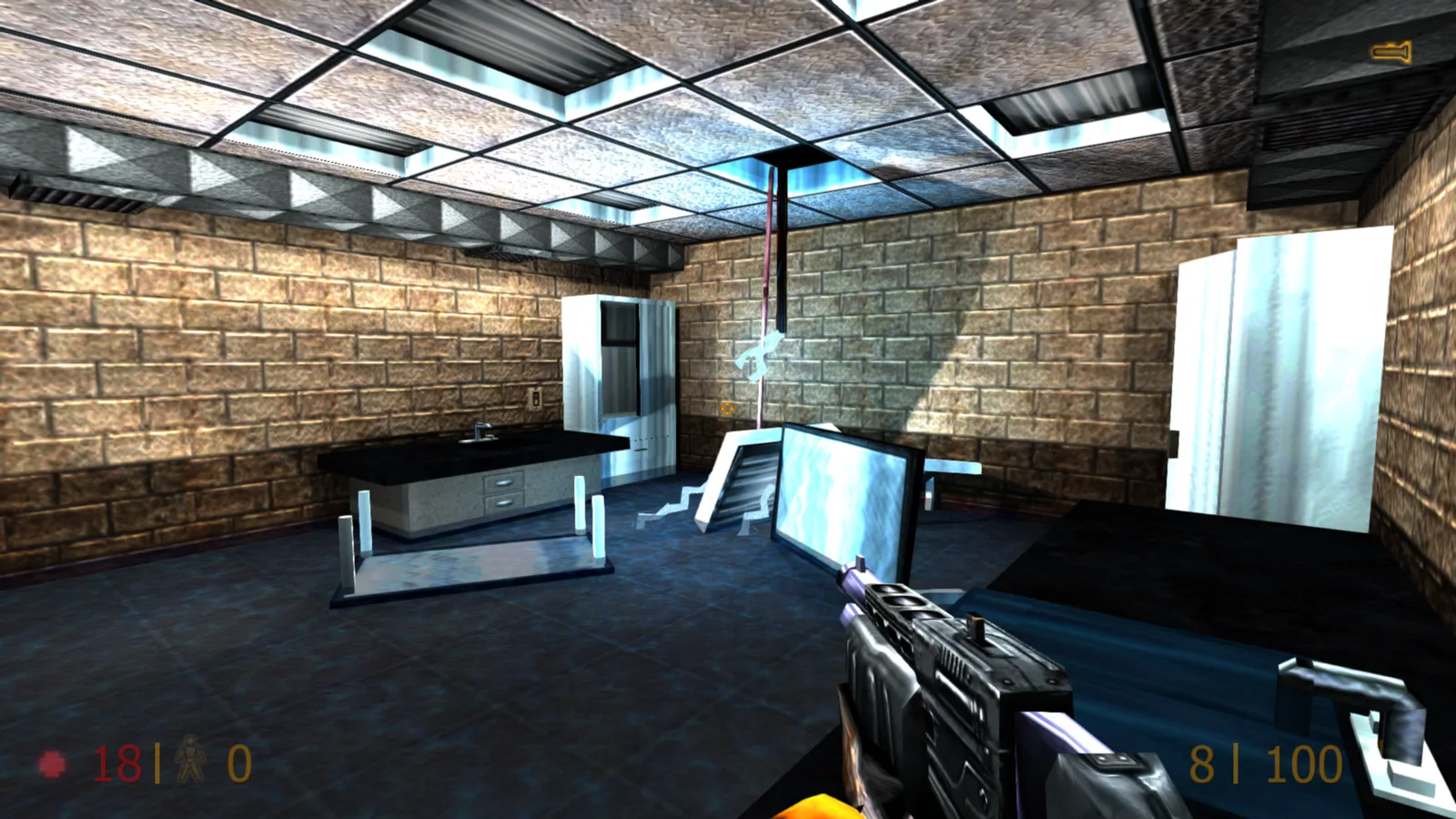 Black Mesa laboratory interior with ceiling lights and lab benches, MP5 held in first person