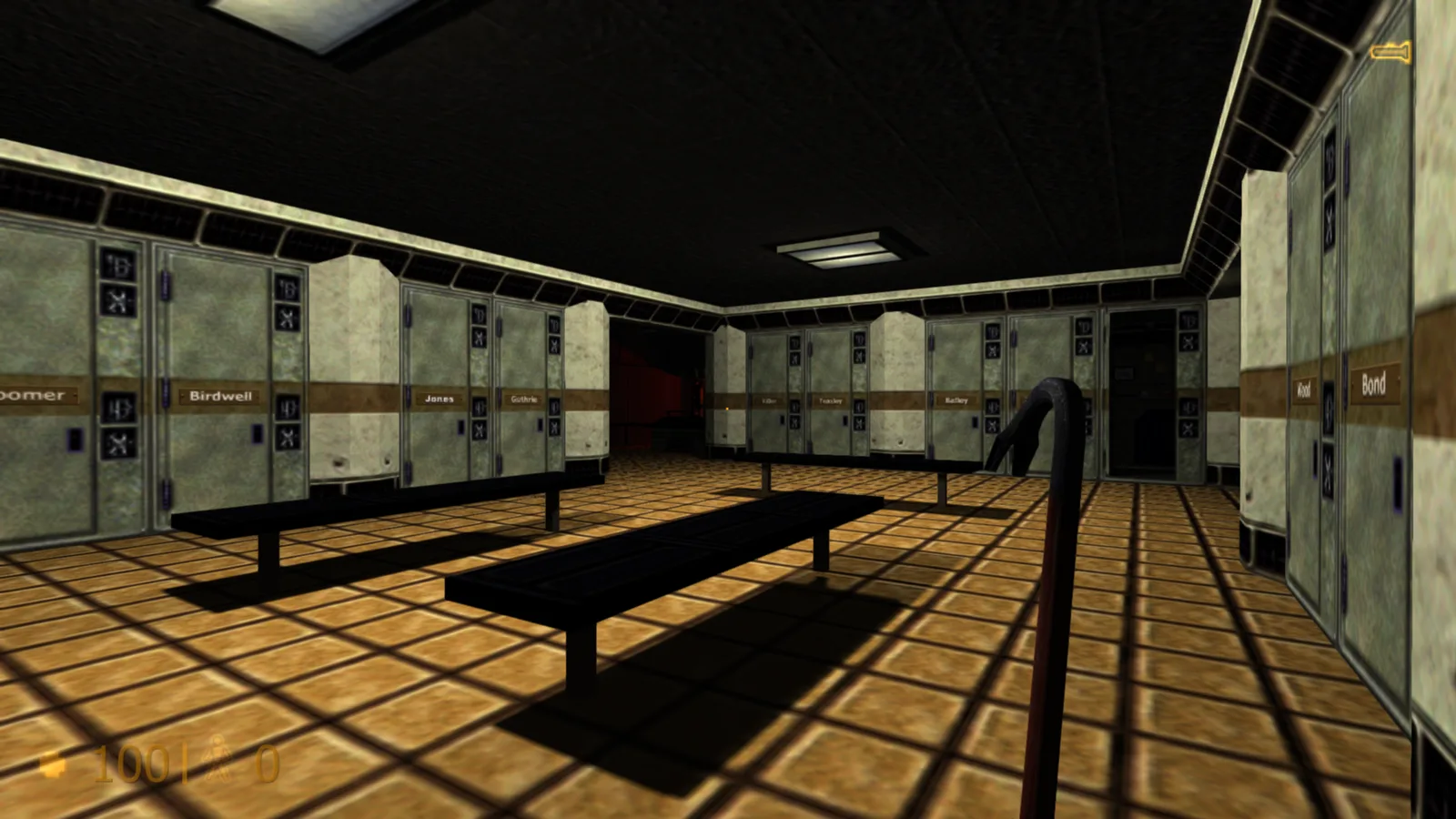 Half-Life locker room with named lockers and benches, crowbar held in first person
