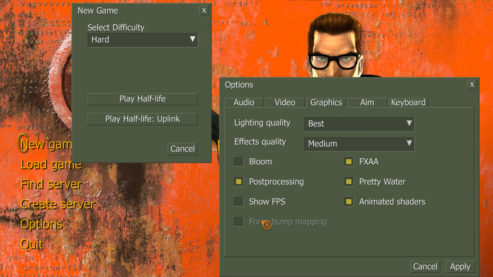 VGUI-style main menu with New Game and Options windows open, showing lighting quality, bloom, FXAA and postprocessing toggles